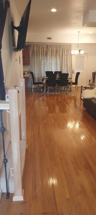 Interior view of a dining area with wooden floors