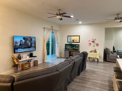 Common area with seating and aquarium