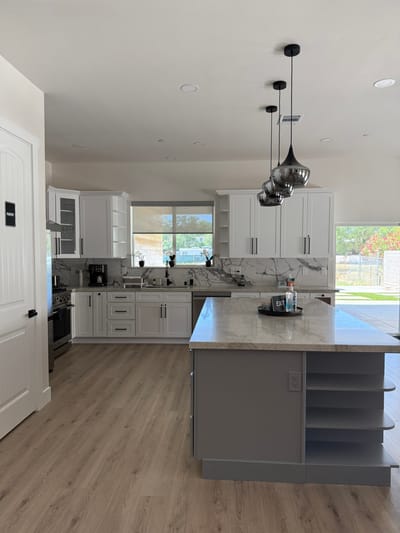 Modern kitchen interior with marble countertops