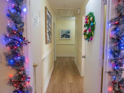 Decorated hallway in a senior living facility