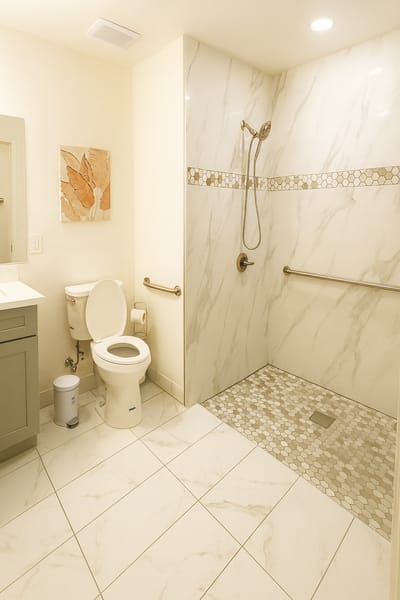 A spacious bathroom with accessible shower