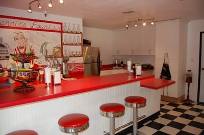 Bright interior of a dining area with red accents