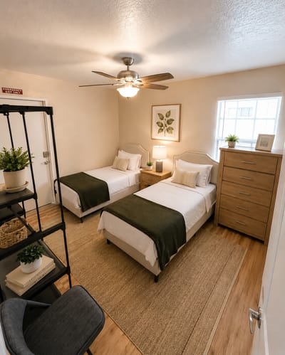 A cozy interior room with two twin beds and natural light