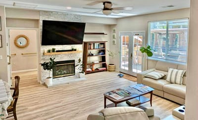 Bright and welcoming common area with seating and decor