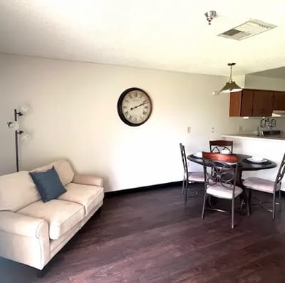 Bright interior with living room and dining area