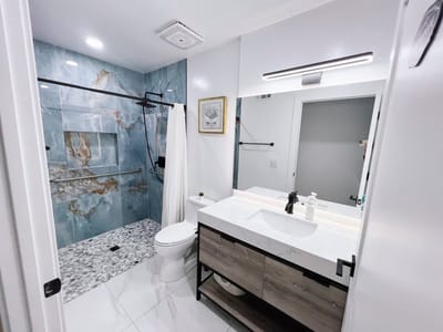 Modern bathroom interior design with marble accents