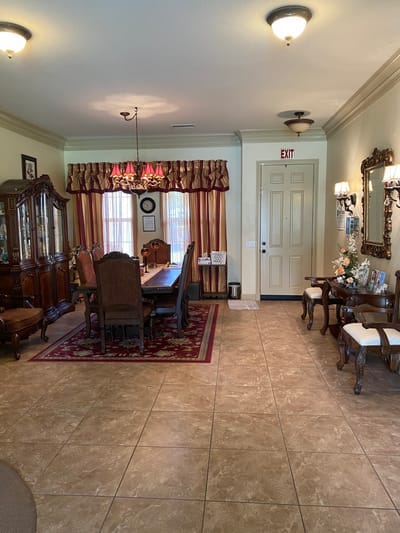 Bright dining area with furniture and decor