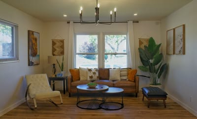 Bright and cozy common area with seating and plants
