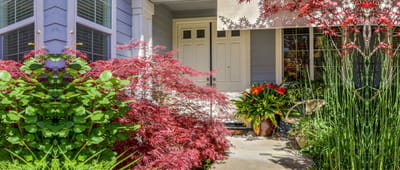 Beautiful entrance with colorful plants and landscaping