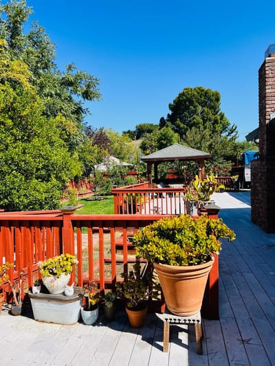 Well-maintained outdoor area with garden and gazebo
