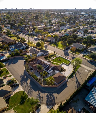 Aerial view of a senior living facility with outdoor space