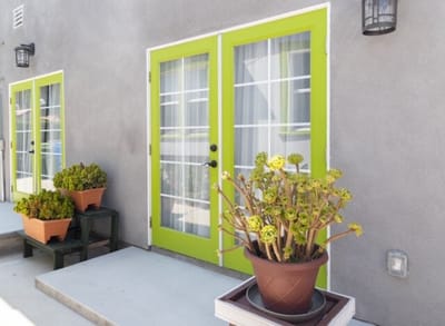 Green doors with potted plants outside a building