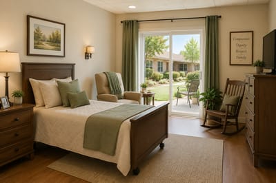 A cozy resident room with a view of outdoor space
