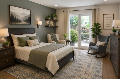 Cozy bedroom designed for senior residents with outdoor access