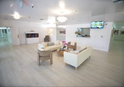 Bright and spacious common area with seating