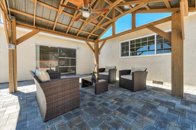 Outdoor seating area with a shaded gazebo