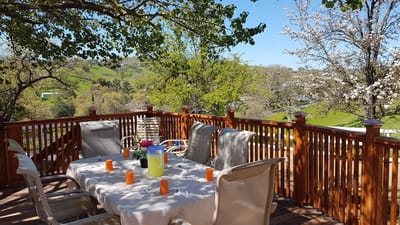 Outdoor deck with tables and chairs surrounded by trees