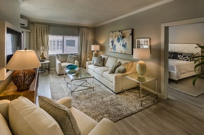 Brightly designed common area with seating and decor