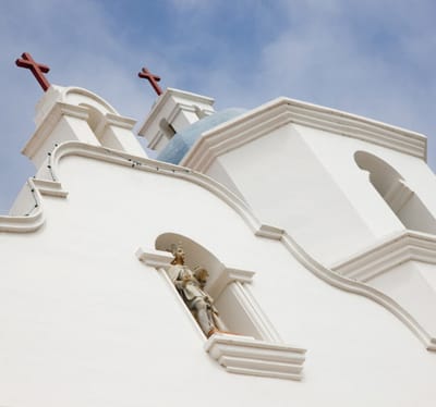 Exterior detail of a building with crosses