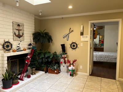 Decorated common area with festive holiday decor