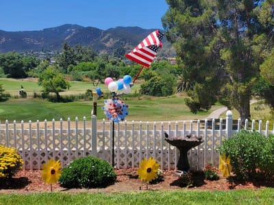 Outdoor space with decorations and an American flag