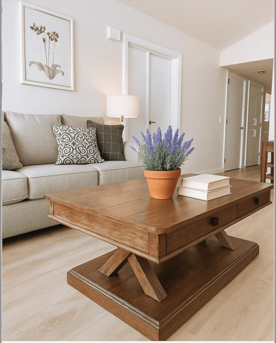 Stylish interior lounge with a coffee table and plant