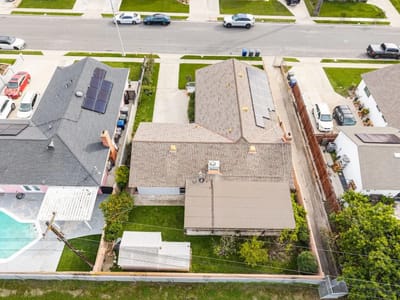 Aerial view of a residential building with outdoor space