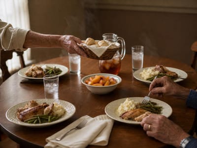 Residents enjoying a meal around a dining table