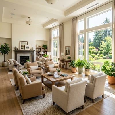 Bright common area with ample seating and greenery