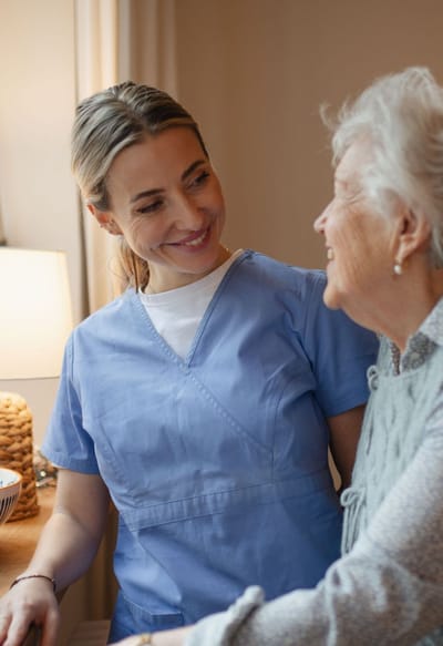 Staff member smiling with resident in interior setting