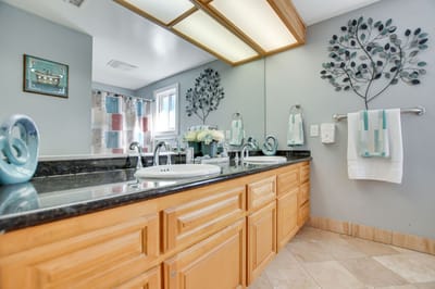 Brightly lit bathroom with modern decor