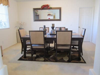 Interior view of a dining room with a large table