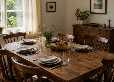 Bright dining room setting with a wooden table and fresh fruit