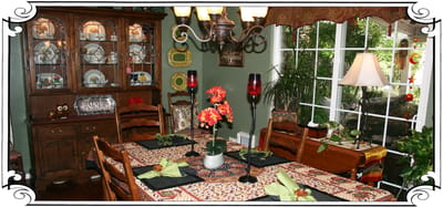 Cozy dining area with floral decor and natural light