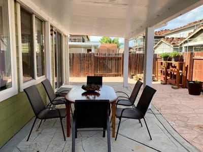 Outdoor patio area with seating