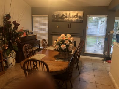 Cozy common area with dining table and decorations