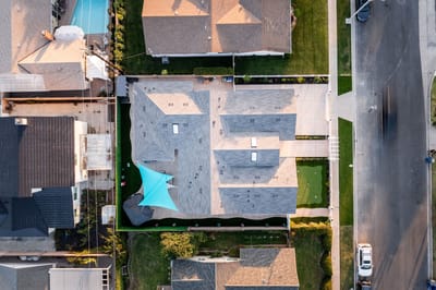 Aerial view of a residential facility with landscaping