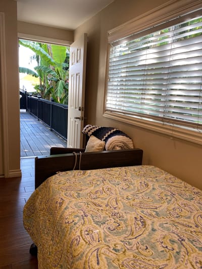 Cozy interior of a resident room with outdoor access