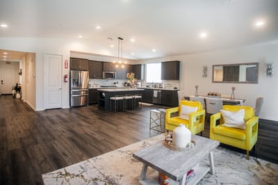 Modern interior of a shared living space with kitchen