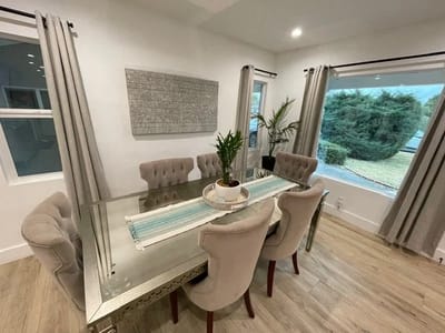 Elegant dining area with modern decor and seating