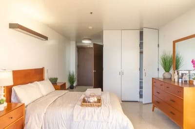 A well-decorated private bedroom in the facility
