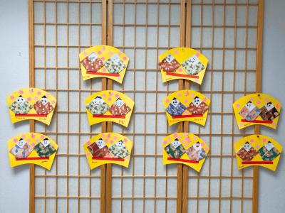 Display of colorful decorations on a wall