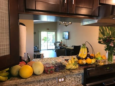 A view of a kitchen countertop filled with fresh fruits