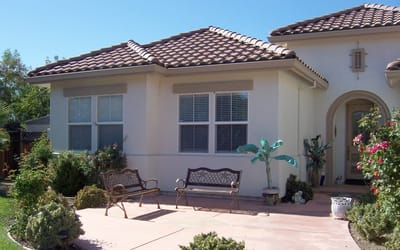 Exterior view of a residential nursing home with patio