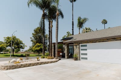 Exterior view of a building with palm trees and landscaping
