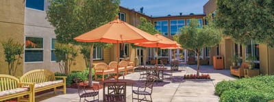 Outdoor seating area with umbrellas and benches