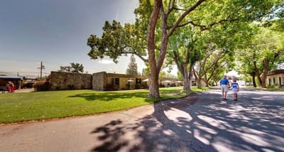 Two people walking along a tree-lined path at the facility