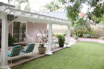 Quiet outdoor garden space with seating area