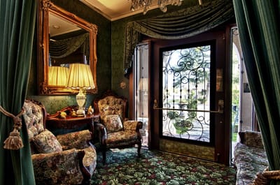 Cozy reception area with vintage seating and decor