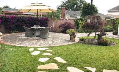 Outdoor seating area with plants and umbrella